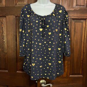 Gold Heart Blue Heathered 3/4 Sleeve Top Elastic Sleeve Keyhole Tie